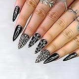 Morily 24pcs Fake Nails Black with Rhinestones Luxury Pure Color Medium Long Stiletto Almond Press on Nail False Tips Artificial Finger Manicure for Women and Girls (Glossy Crystal)