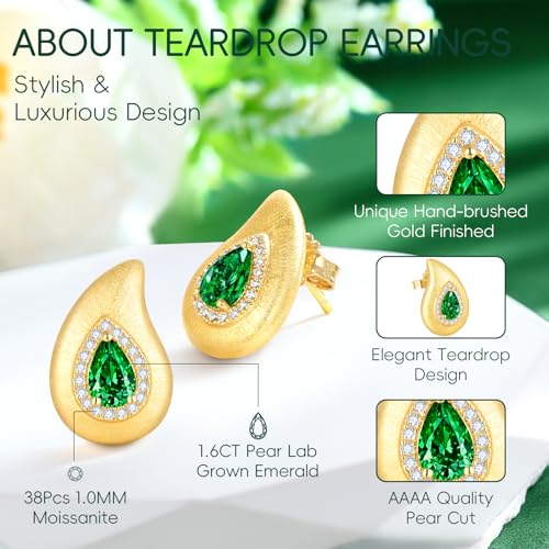 LEONIDS 14K Gold Teardrop Earrings for Women | Moissanite or Lab-Grown Emerald Stud Earrings with Hairline Detailing Non Tarnish | Birthday Jewelry Gifts for Her4