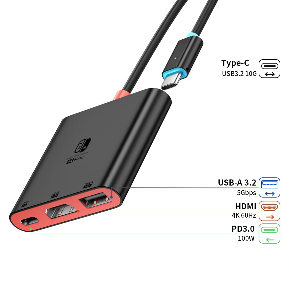 ELUTENG Docking Station pour Nintendo Switch 2, Adaptateur USB C vers HDMI 4K 3 en 1 USB C HUB avec USB 3.0 et Charge Rapide PD 100W Switch TV Dock pour MacBook Pro/Air, pour iPad