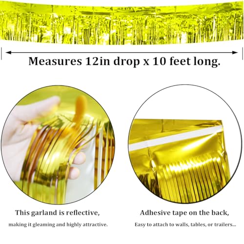 Image of 4 Pack Gold Total 40 Feet Foil Fringe Garland Metallic Tinsel Banner Wall Hanging Drapes Parade Float Skirting Decorations for Trailer Mardi Gras Party Birthday Wedding Baby Shower