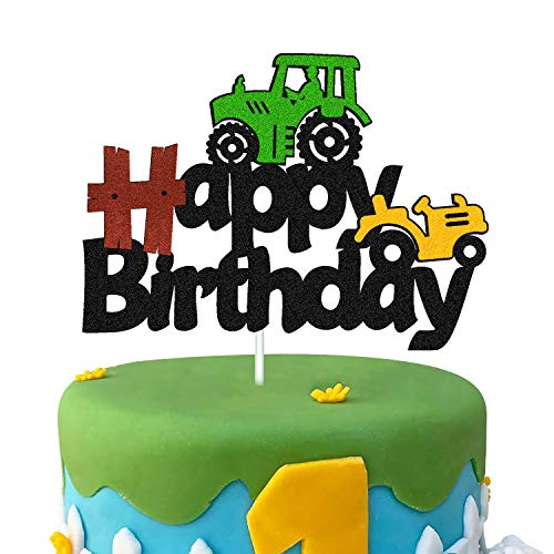 Tractor Cake Topper Green Farm Vehicle Cars Construction Dump Truck Themed For Kids Boy Girl Happy Birthday Party Supplies Black Glitter Décor Double Sided #TOP13