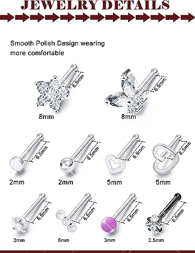 Prjndjw 44pcs 18G 20G Nose Rings Studs Nose Rings for Women Nose Piercings Jewelry Surgical Stainless Steel Straight Nose Studs Moon Star Heart Butterfly Hypoallergenic for Men4