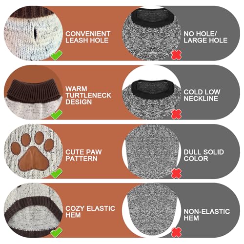 BINGPET Turtle Neck Dog Sweater - Brown Bone Pattern - Puppy Winter Warm Cloth for Small Medium Large Dogs