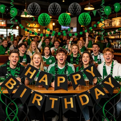 Image of Black Green Birthday Decorations, Happy Birthday Banner with Honeycomb Balls, Circle Dot Garland and Hanging Swirl Decorations for Women Men Boys Girls (Green Black)