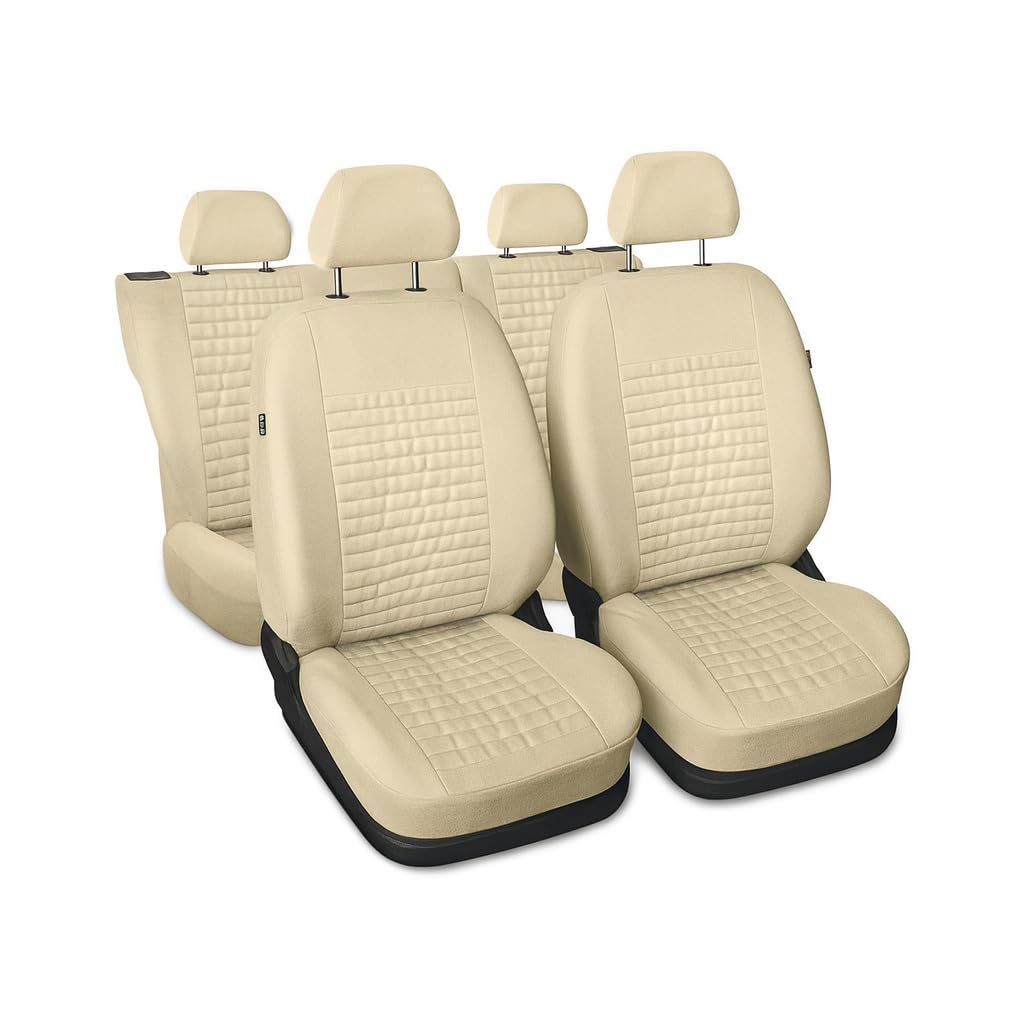 3er Set Autositzbezüge PKW universal | Auto Sitzbezüge Kunstleder Beige für Airbag geeignet | für Vordersitze und Rückbank | 1+1 Autositze vorne und 1 Sitzbank hinten teilbar Reißverschlüsse
