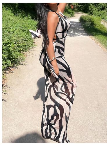 Image of MakeMeChic Women's Zebra Print Dress Halter High Waist Mesh Bodycon Backless Maxi Dresses Multicolor X-Large