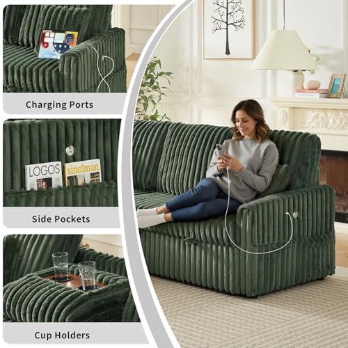 Image of KCGKCG 81 inch Sectional Sleeper Sofa Bed, Pull Out Couches for Living Room | Pull Out Sofa Bed with Storage Chaise, Dual Cup Holders, Side Storage Pocket, Charging Station, Plush Corduroy Fabric