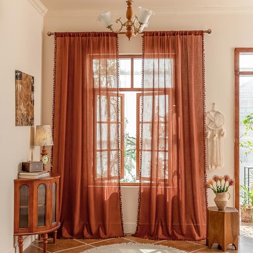 Image of MYSKY HOME Bohemian Farmhouse Ceiling Curtains with Macrame for Living Room,Semi Sheers Light Filtering Privacy Protect Window Treatments Decor Back Tab,50 inch Wx96 inch L,Terracotta,2 Panels