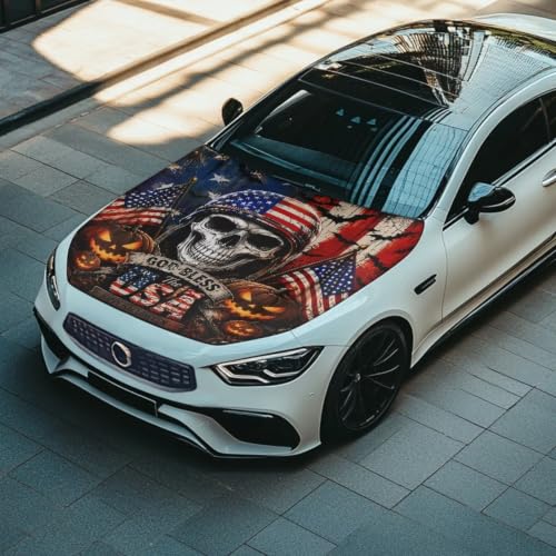 Image of Car Hood Cover Protector Waterproof Auto Hood Wrap Blankets Halloween Decorations Auto Patriotic Decorative Accessories for Sedans SUVs Pickup Trucks (American Flag Skull Design)