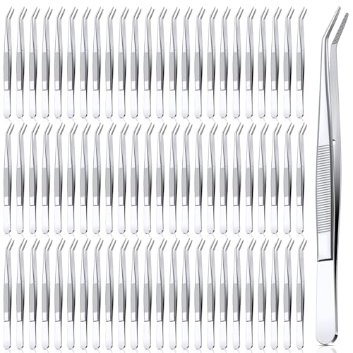 Honoson 72 Pcs Stainless Steel Tweezers for Crafting with Curved Serrated Tip Multipurpose Forceps Sewing Machine Tweezers Bulk (Silver)