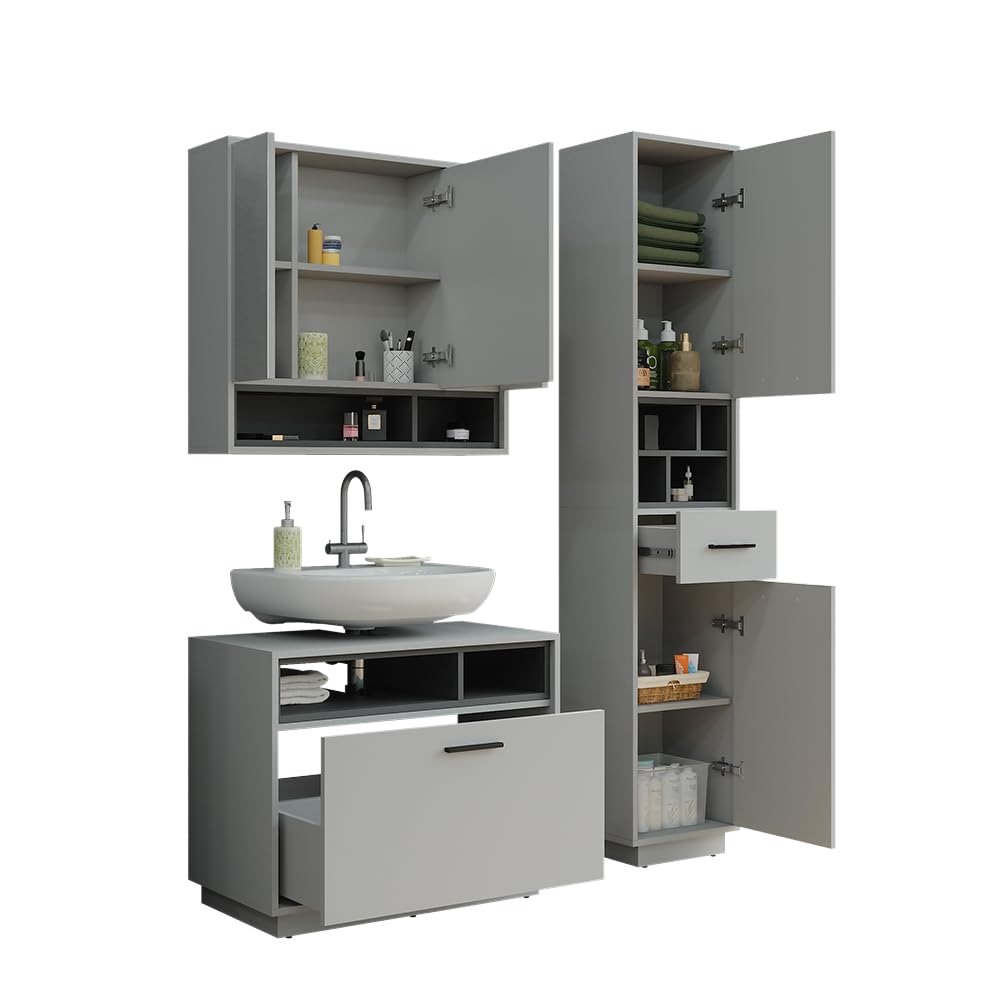 Vicco Badmöbel-Set Beatrice, Grau/Anthrazit, 80 cm, besteht aus Waschbeckenunterschrank, Spiegelschrank und Hochschrank