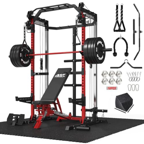 Image of Mikolo HR06 Power Cage with Aluminum Pulleys, 2000LB Power Rack with Independent Dual Pulley System, Multi-Function Home Gym Workout Machine for Cable Crossover