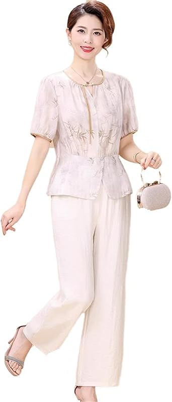 Womens T-Shirts Summer Chinese Style Casual Short Sleeve Middle-Aged Loose Blouse