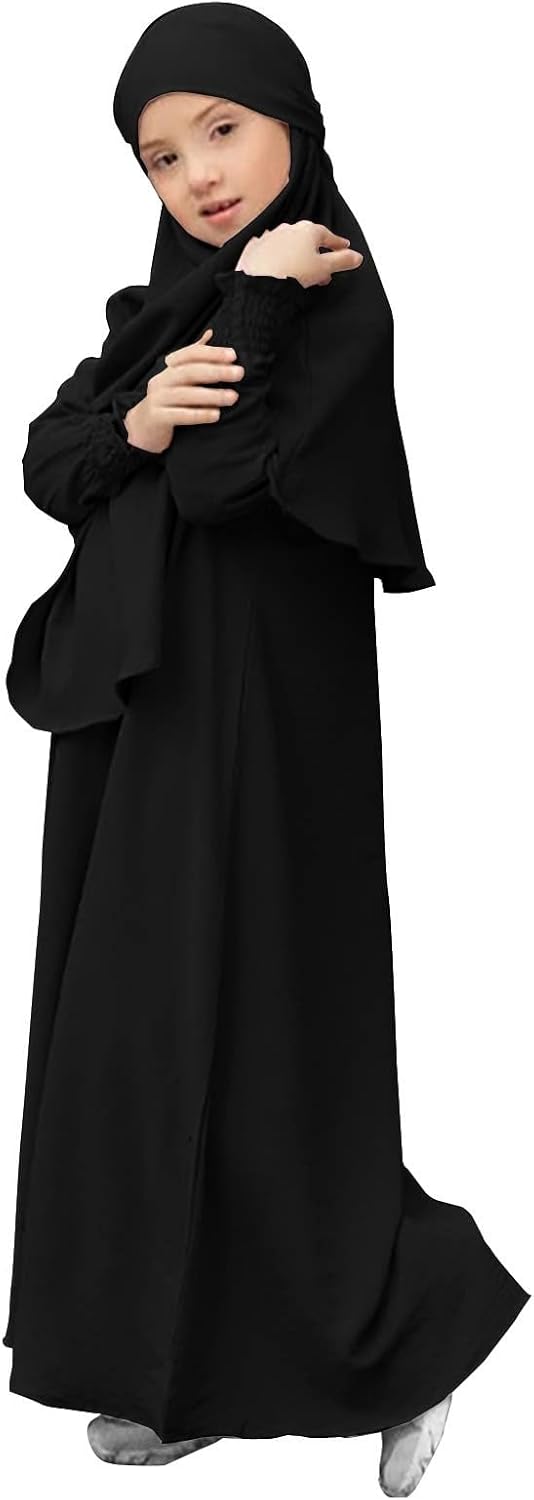 Muslim Dress for Girls Islamic Prayer Abaya Dress Long Sleeve Kaftan Robe Dresses with Hijab Kids Ramadan Eid Outfit