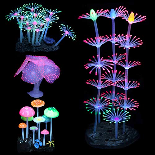 Filhome Glowing Fish Tank Decorations, 4 Pcs Glow Aquarium Decoration Plants Kit Glowing Mushroom Coral Ornaments #TOP1