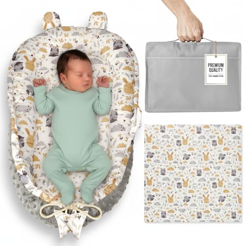 Nido Bebé Recién Nacido 90x50 cm - Reductor Cuna Bebe - Cama Portátil o de Viaje - Cuna Colecho Algodón 100% Lavable - Muselina Incluida Regalo Ideal (Búhos Gris)