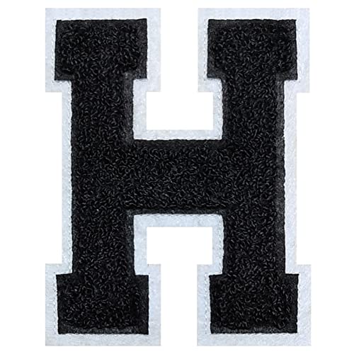 2Pcs Black/White Chenille Letter, 4.5" Iron on Letters Patches, Chenille Stitch Varsity Letter Patches for Clothing (H)