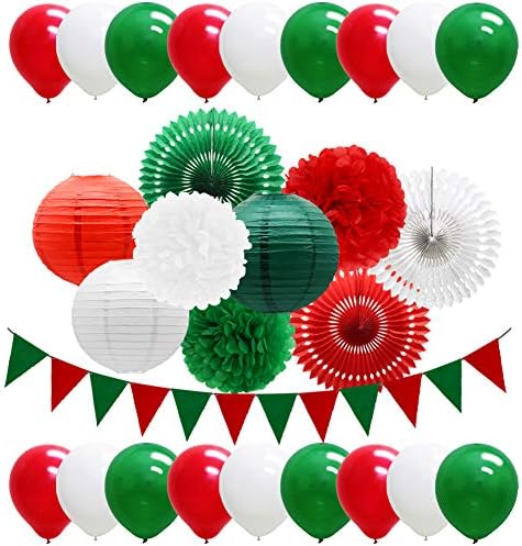 Marcas de fiesta de Navidad de color rojo, verde y blanco, decoración de fiesta mexicana italiana, abanicos de papel, faroles, pompones de flores,