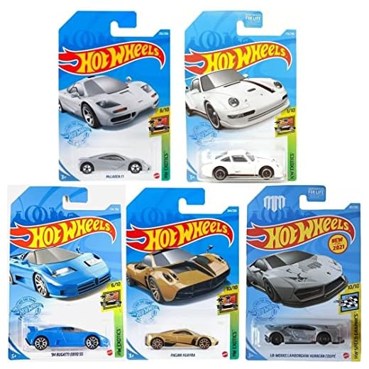 Hot Wheels Super Car Exotics Madness 5 Pack Random Diecast Bundle Set with Various Lambos, Lotus, Porsches, Mclarens, Paganis and More