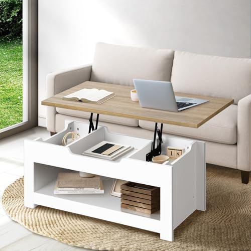 Oikiture Coffee Tables Lift Up Top Wooden Convertible Hidden Book Storage Living Lounge Room Furniture Shelf Display,White and Natural Wood