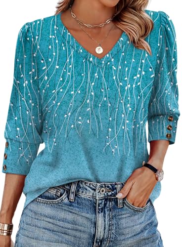 XIEERDUO Blouses for Women Dressy Casual Fall Clothes Fashion Clothing School Outfits for Teachers 2025 Womens 3/4 Length Sleeve Tops Business F-Blue Dotted Lines M