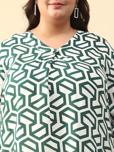 Image of oxolloxo Women Plus Size Green Abstract Rayon Print V-Neck with Long Roll up Sleeve & Pleate Detail Top