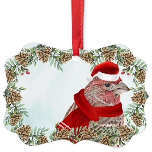 Male House Finch Christmas Ornament 2026 Benelux Aluminum Holiday Decoration with Pinecone Red Scarf Santa Hat Winter Home Decor Gifts for Finch Lovers