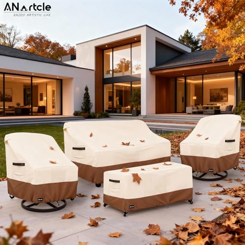 Image of ANartcle Patio Furniture Covers 4 Piece Set, 600D Waterproof Heavy Duty Outdoor Furniture Covers,Fit Wicker Patio Loveseat, Swivel Rocker Chair and Coffee Table,Beige&brown