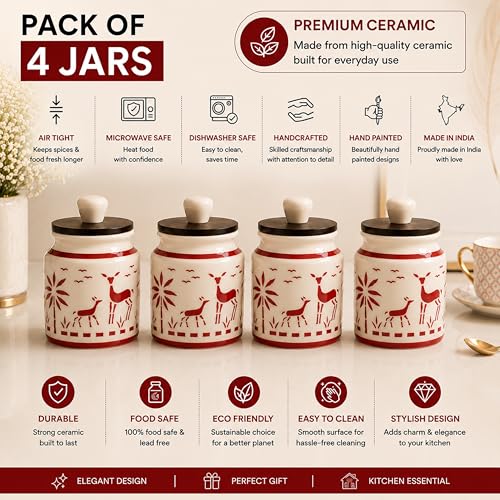 Image of Ceramic Kitchen Jars for Storage | Air Tight Containers with Wooden Lids | Masala, Salt, Pickle, Dry Fruits & Multi Utility Items Organiser Set (Hand-Painted, Red Deer, 450 ML, Pack of 4)