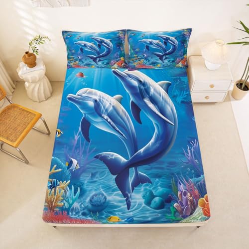Image of jejeloiu Dolphin Bed Sheets Set Full Size Cute Ocean Animal Bed Set Jumping Dolphins Deep Pocket Fitted Sheet Blue Ocean Marine Themed Breathable Soft Lightweight Microfiber
