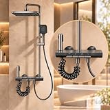 INEX Europa INX 1551 BS Columna de Baño y Ducha, 4 Funciones, Rociador Cuadrado, Ducha de Mano, Ducha Higiénica y Cascada para Bañera, Altura Ajustable, Negro Gris Titanio, 10 Años de Garantía