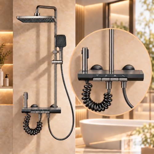 Inex Europa Columna Ducha Negro Gris Titanio Con Cabezal Cuadrado - Columna De Ducha 4 Modos Y Altura Ajustable Cabezal, Chorro, Grifo Y Alcachofa De Ducha 10 Años De Garantía