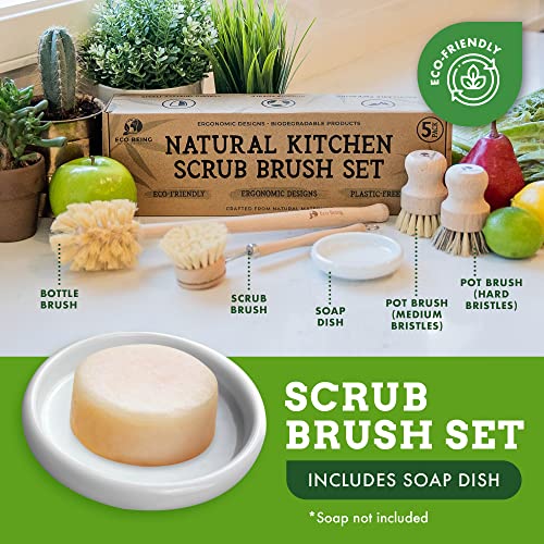 Eco Being Natural Bubble Up Dish Brush Set With Soap Dispenser. Bamboo Dish Brush Set With Strong, Plastic Free Scrubber Brushes & Wooden Handles ~ 5 Piece Kitchen Set Makes Cleaning Dishes Easy. #TOP2