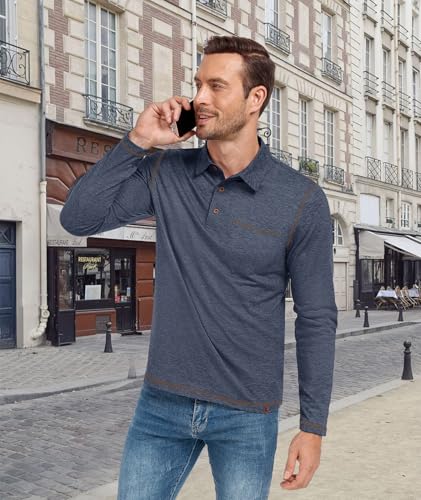 ZITY Men's Casual Long Sleeve Polo Shirts Classic Button Cotton Work T-Shirt Collared Basic Golf Shirt with Pocket2