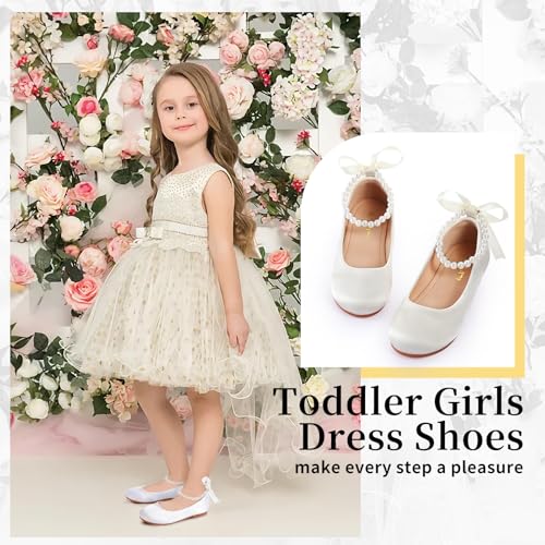 Toddler Girls Dress Shoes Flower Girls Mary Jane Ballet Flats Decorative Pearls Lace-Up Ankle Strap Wedding Communion Princess Shoes2