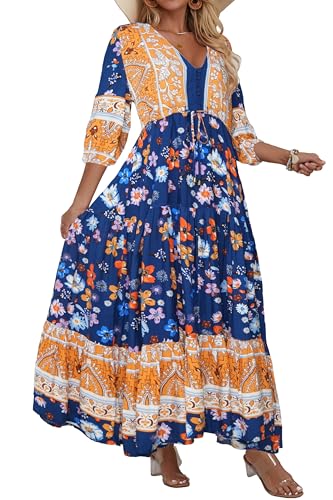 Image of Women Short Sleeve V Neck Floral Print Casual Bohemian Maxi Dresses
