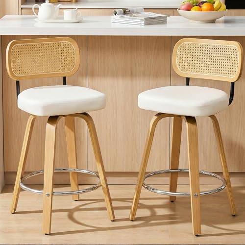 Image of Natural Rattan Bar Stools Set of 2,Upholstered PU Leather, 26'' Counter Height Barstools with Back and Wood Legs,360Swivel,Mid-Century Modern Bar Stool for Kitchen Island Dining Room and Bar(White)