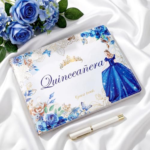 Image of MotiMind Quinceanera Guest Book with Pen 11 x 8 Inch Libro De Firmas Para 15 Anos Quinceanera Leather Hardcover Signature Book Guest Sign in for 15th Party Favors Decoration(Blue,Princess)