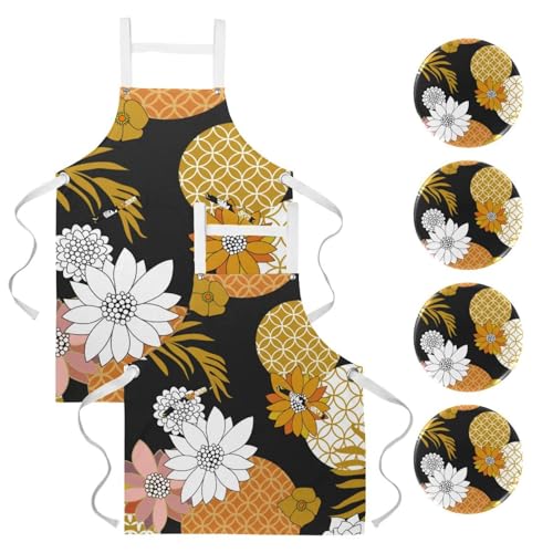 Tablier de cuisine chic à motif floral doré et argenté avec broches