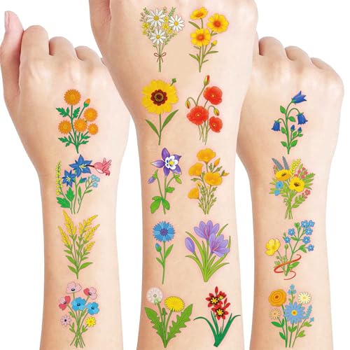 96 PCS Small Wildflower Pre-Cut Temporary Tattoos for Kids |