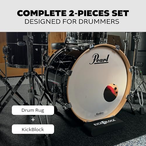 Image of KickBlock Drum Set Bundle - Drum Rug 6'6 inch x 5'6 inch + Bass Drum Anchor - Stops Bass Drum Creep & Slide - Non-Slip Mat - Drummer Gift & Accessories (Stage Black)
