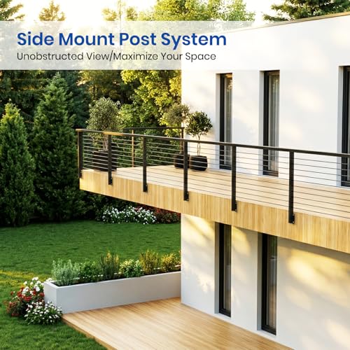 Image of BLIKA 2 Pack 36 inch Side Mount Cable Railing Posts, 304 Stainless Steel, Level Drilled Fascia Mount Deck Post for Cable Railing Kit, Black Powder Coated Side Mount Line Posts