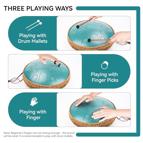Image of Steel Tongue Drum-14 Inch 15 Notes Tongue Drums, Steel Drum Instrument for Adults, Handpan Drums with Music Book, Handpan Drum Mallet, and Carry Bag, C Major (Malachite Green)
