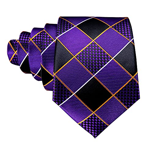 Image of Barry.Wang Plaid Ties Check Mens Necktie Set with Handkerchief Cufflinks Classic Stripe