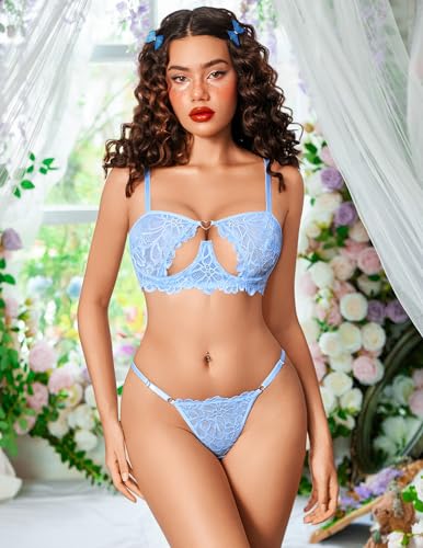 Image of Avidlove Lingerie for Women Sexy Lace Bra and Panty Set Underwire Push Up Lingerie Sets Demi Half Cup