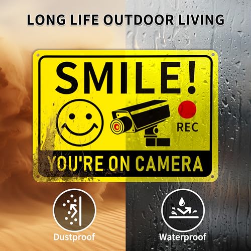 4 Pack Smile You\'re on Camera Signs – Video Surveillance Signs Outdoor, 10\"x7\" Rust-Free Aluminum Warning Sign, UV Printed, Weatherproof Security Camera Sign for Home, Business, Fence, Driveway, CCTV