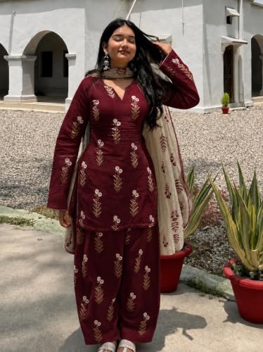 Image of ANNI DESIGNER Farshi Salwar Suit for Women | Viscose Blend Printed Straight Kurta with Dupatta | Farsi Farasi Parsi Ethnic Indian Office Party Wedding Clothing Fashion Premium Traditional