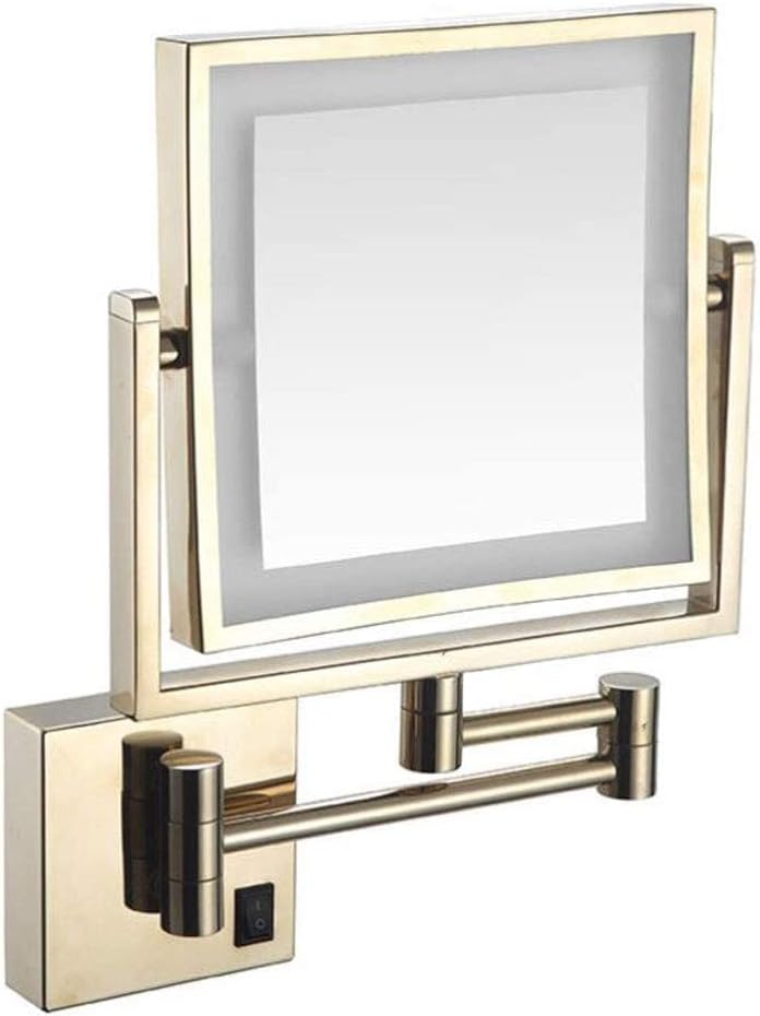 Makeup Mirror Vanity Mirror Wall Mounted Mirror,Square Double-Sided LED Makeup Mirror Folding Telescopic Mirror Bathroom Magnifying Beauty Mirror with Light Cosmetic Mirror(Zirconium Gold)