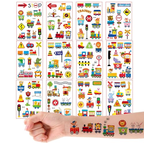Qpout Tatuajes temporales de tren de 12 hojas para niños accesorios de fiesta de cumpleaños, tren de vapor ferrocarril pegatinas temáticas, recompensas de aula, ganancias de carnaval