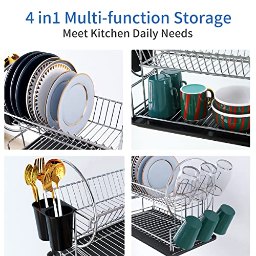 Pinniyou Dish Drying Rack, 2 Tier Rust-Resistant Metal Dish Rack With Drainboard, Utensils Holder, Glass Holder For Kitchen Counter, Tiered Dish Drainer For Small Space, Silver #TOP3